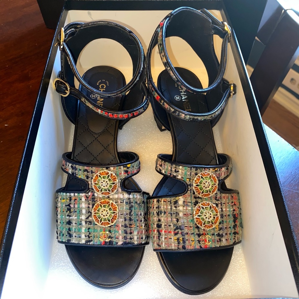 CHANEL Tweed Stone Jewel Button Quilted Heel Ankle Strap Sandal